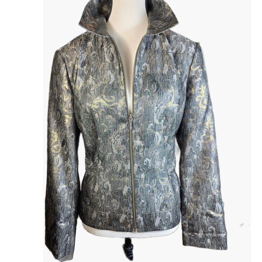 Vtg 2000s Chico's‎ Metallic Floral Zip Jacket 1 M Gold Silver Gray Y2K Brocade